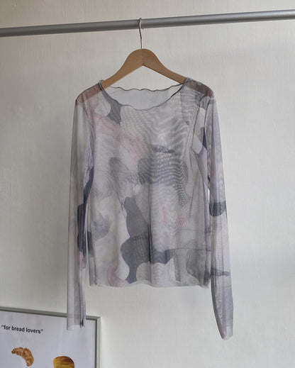 TP472 Print Sheer Top - Beige | Gray