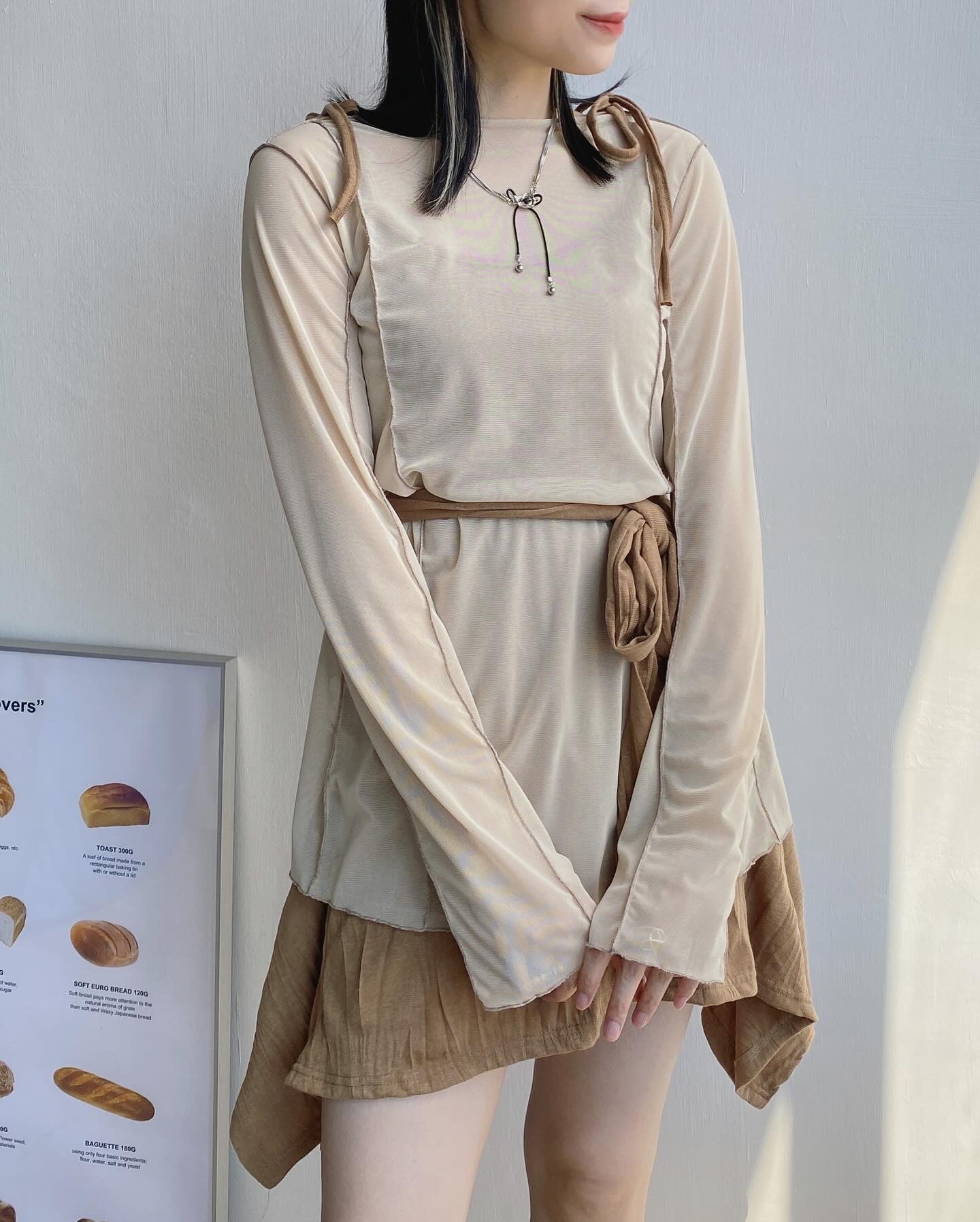 TP473 Ribbon Sheer 2Way Blouse - Beige | Black