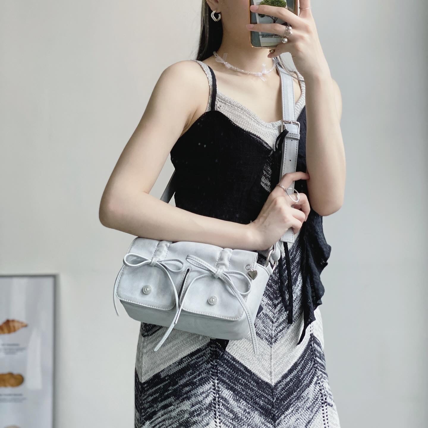 Preorder - BG025 Ribbon PU Leather Mini Bag Gray | Black