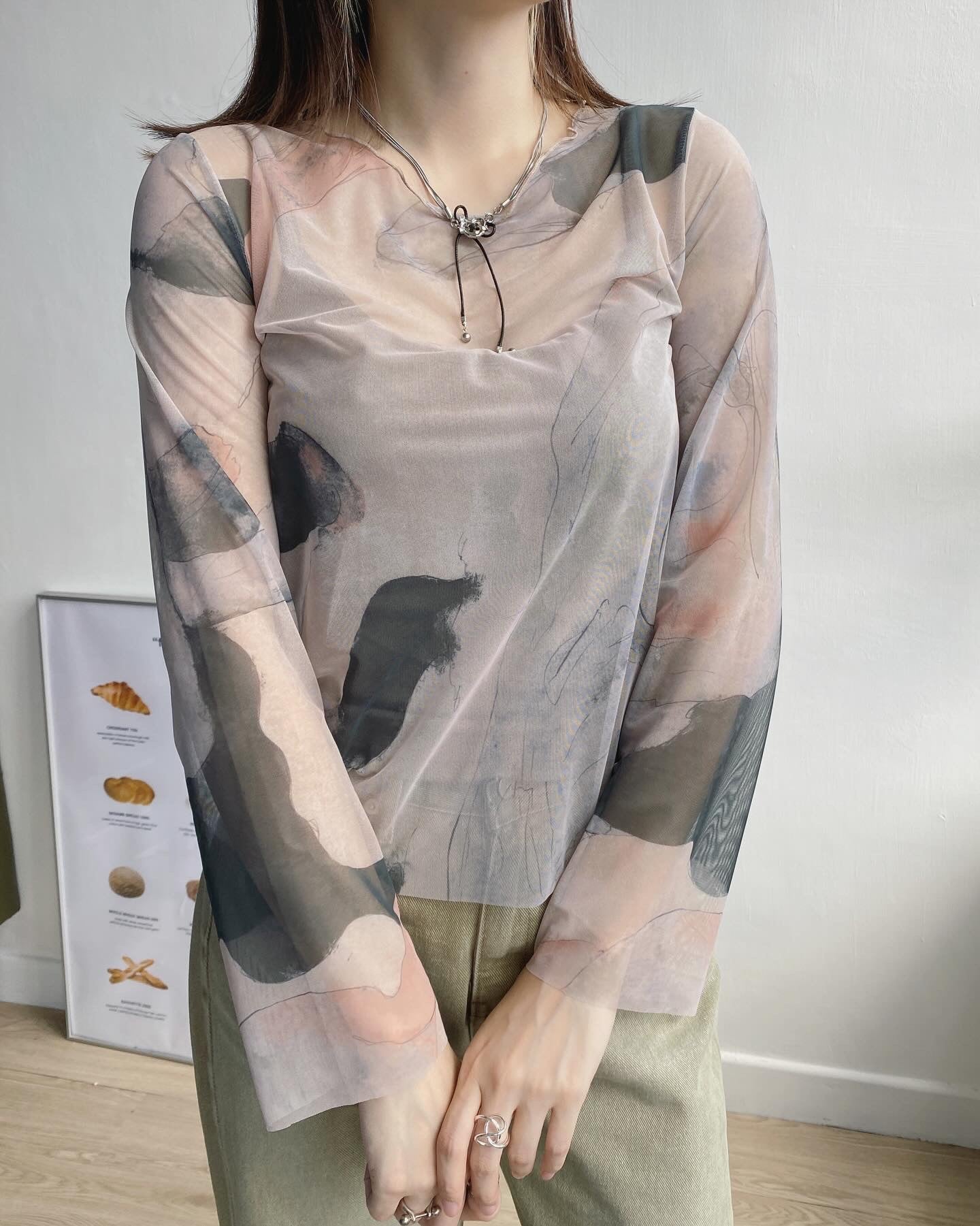 TP472 Print Sheer Top - Beige | Gray