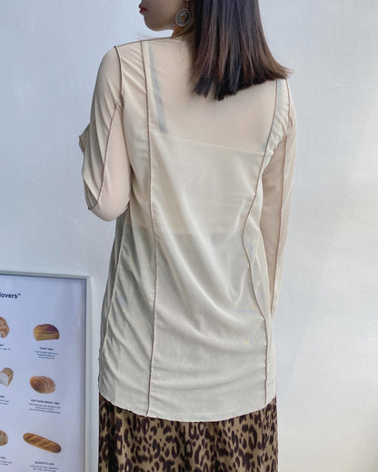 TP473 Ribbon Sheer 2Way Blouse - Beige | Black