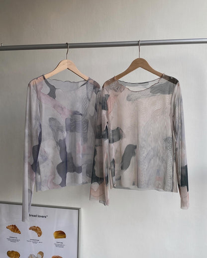 TP472 Print Sheer Top - Beige | Gray