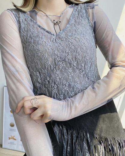 TP472 Print Sheer Top - Beige | Gray