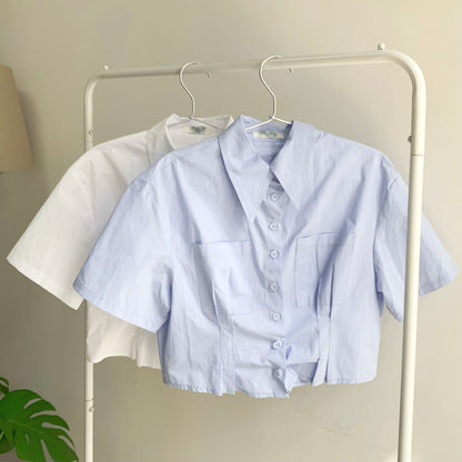 現貨 TP226 Cropped Shirt - White | Blue