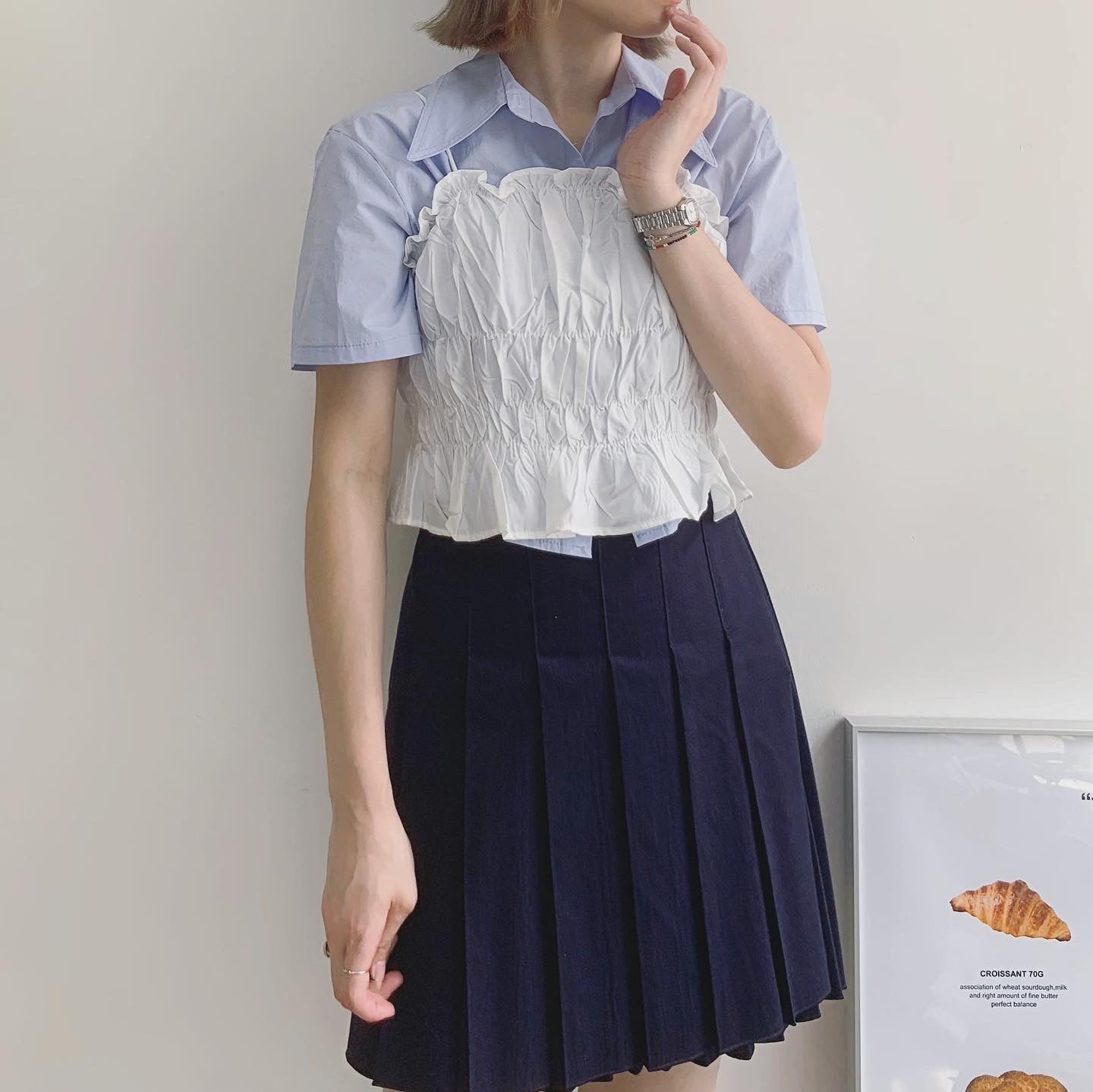 現貨 TP226 Cropped Shirt - White | Blue